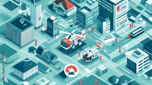 Innovative graphic depicting IoT connected emergency response systems designed for efficient disaster management and public safety The showcases a smart city infrastructure with integrated sensors