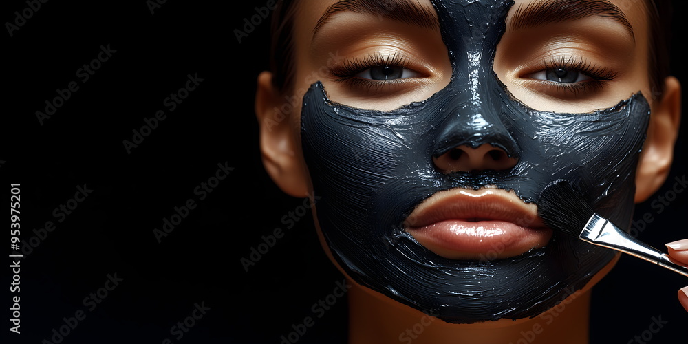 Portrait of beauty black mask film on girl face. Facial skin care products. Natural beauty and cosmetic concept. Banner with copy space Portrait of beauty black mask film on girl face. Facial skin care products. Natural beauty and cosmetic concept. Banner with copy space