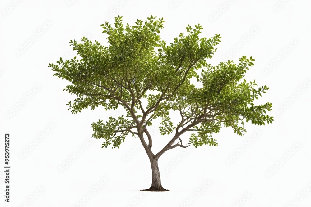Obraz premium a close up of a tree with green leaves on a white background 
