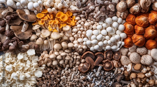 Different types of edible mushrooms forming colorful food background photo