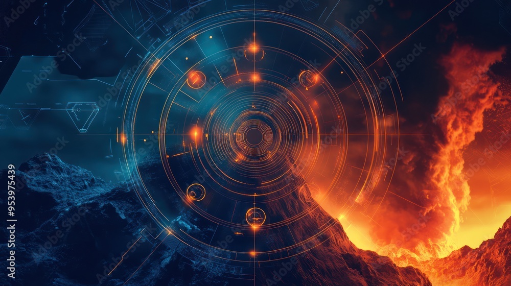 Fototapeta premium Abstract Digital Art: Cosmic Fire and Digital Interface