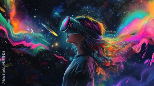 Woman in VR Headset Exploring a Colorful Cosmic Landscape