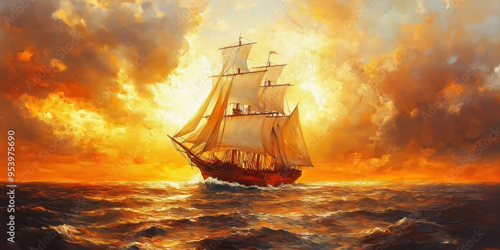 Fototapeta premium Vintage Oil Painting of a Sailing Ship at Sea, Dramatic Sunset with Fiery Skies, Classic Nautical Art