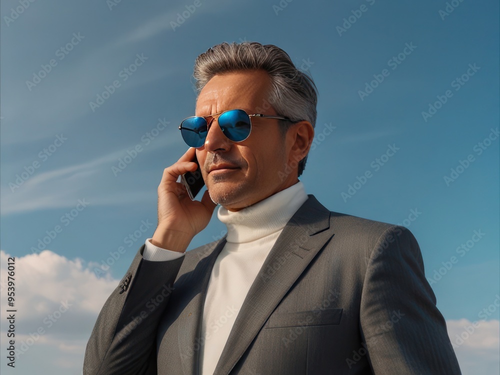 Confident Businessman in Stylish Suit Communicating on Mobile Phone Outdoors Confident Businessman in Stylish Suit Communicating on Mobile Phone Outdoors