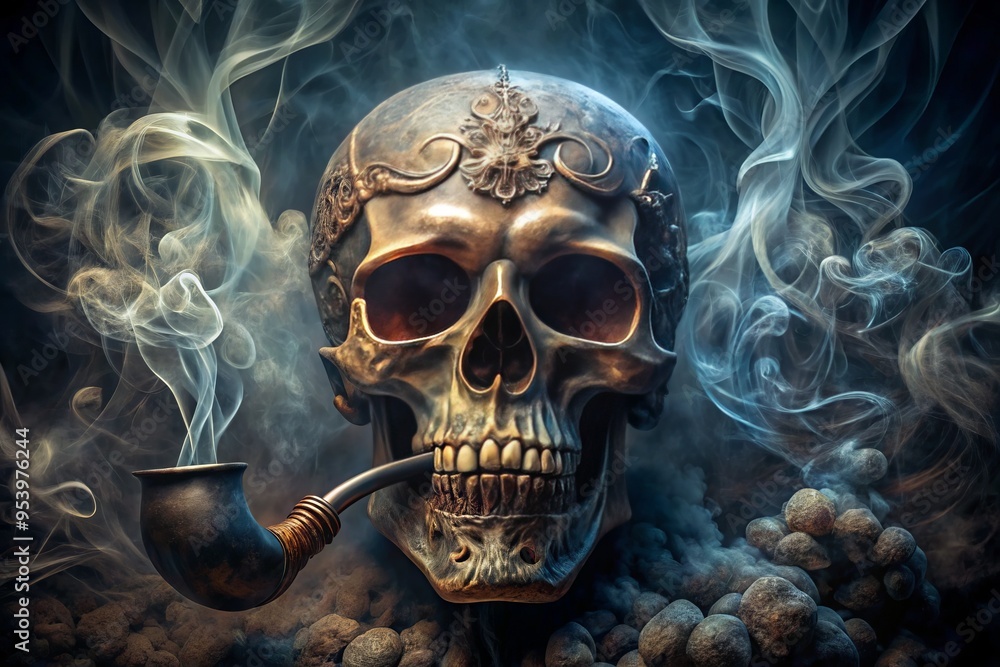 A sinister, ornate skull with a worn, curved pipe clenched between its teeth, surrounded by wisps of smoke, A sinister, ornate skull with a worn, curved pipe clenched between its teeth, surrounded by wisps of smoke,