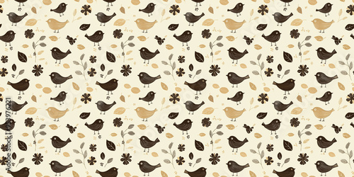 Seamless bird pattern with nature-themed, feathered designs. Background seamless pattern.