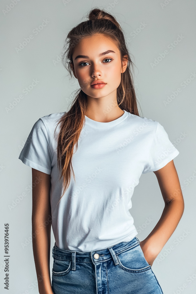 A Female student wearing white tshirt and jeans A Female student wearing white tshirt and jeans