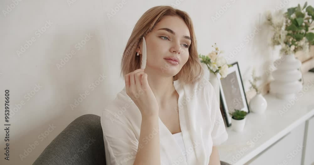 Portrait of young beautiful woman with nude makeup holding playing with feather on face. Beautiful woman enjoying smooth skin condition at home and smiling, slow motion. Skin care concept at home. Portrait of young beautiful woman with nude makeup holding playing with feather on face. Beautiful woman enjoying smooth skin condition at home and smiling, slow motion. Skin care concept at home.