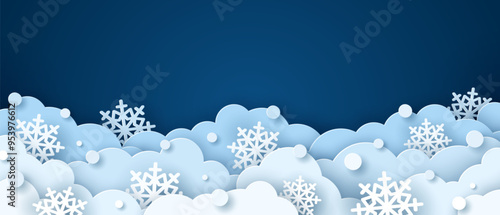 Paper cut clouds with snowflakes on blue sky background. Snowy winter holiday banner for Christmas and New Year Design. Vector illustration. Snowdrift night scene, cute kids baby poster