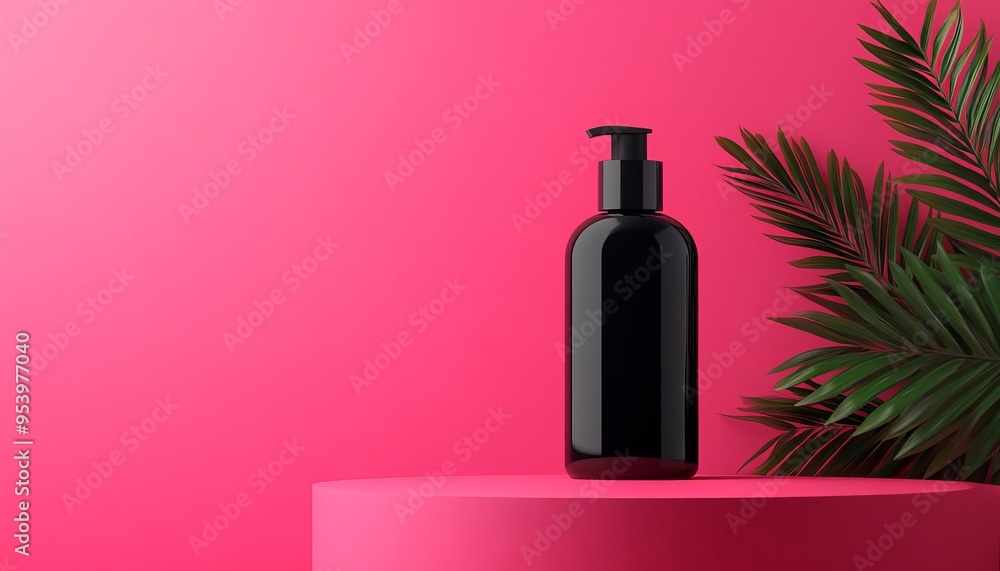 An elegant black bottle displayed on a pink pedestal, surrounded by tropical leaves for a modern and stylish aesthetic. An elegant black bottle displayed on a pink pedestal, surrounded by tropical leaves for a modern and stylish aesthetic.