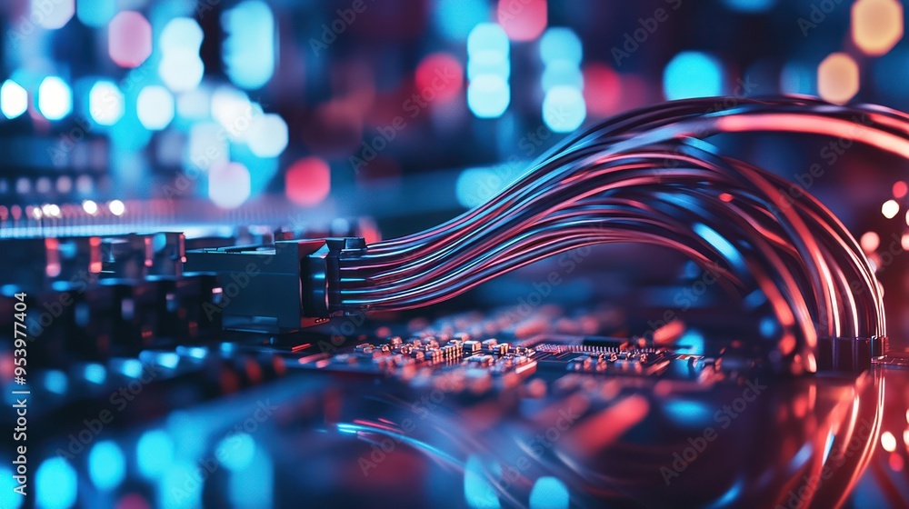 Close-up of a computer motherboard with cables in a red and blue light Close-up of a computer motherboard with cables in a red and blue light