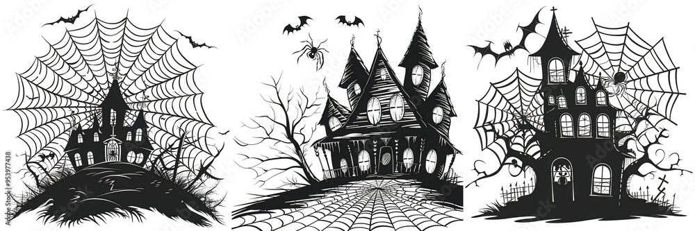 Halloween Haunted House with Spider Webs and Bats Illustration Halloween Haunted House with Spider Webs and Bats Illustration