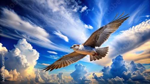 A sleek, gray bird in flight, wings beating rapidly, soaring through a clear blue sky with fluffy white photo