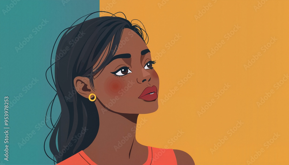 Young woman with confident expression gazing upward against colorful background Young woman with confident expression gazing upward against colorful background