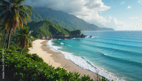 Tropical paradise beach with turquoise waters and lush mountains against dramatic sky