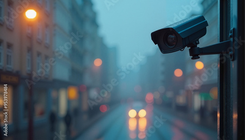 Surveillance camera monitoring misty urban street at dusk with glowing lights