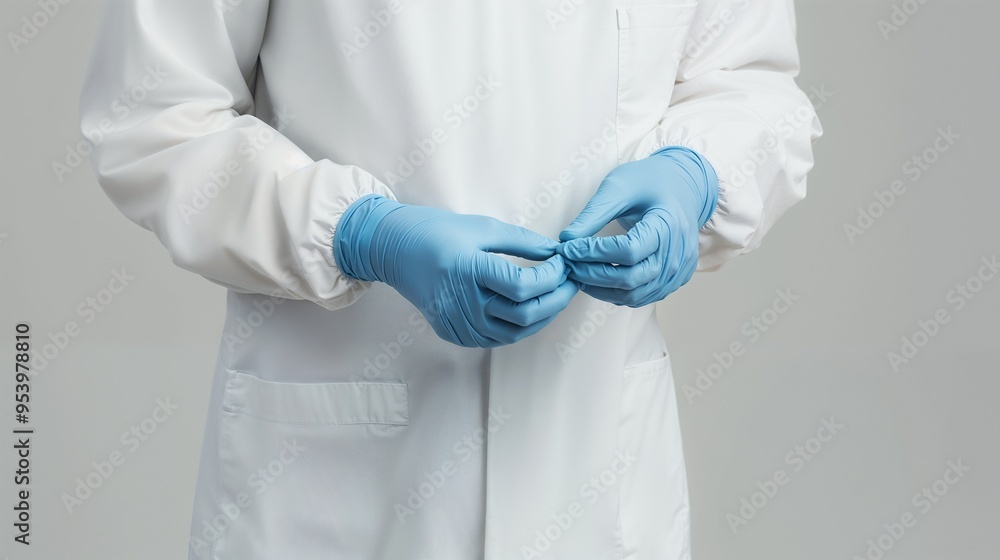 A doctor in a lab coat and blue gloves holds a syringe A doctor in a lab coat and blue gloves holds a syringe