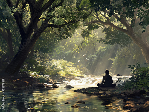 meditation by a forest stream