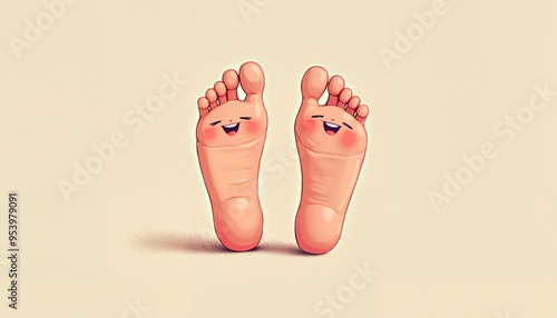 Happy cartoon feet smiling cheerfully against beige background with copy space