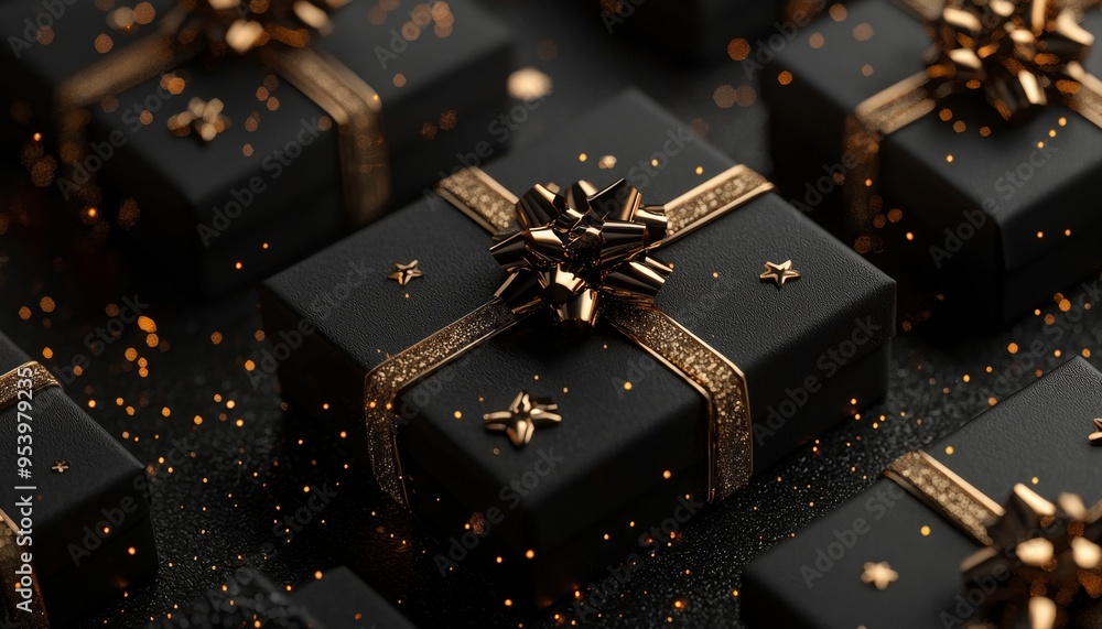 Festive Black Gift Box with Golden Ribbon on Elegant Dark Background Festive Black Gift Box with Golden Ribbon on Elegant Dark Background
