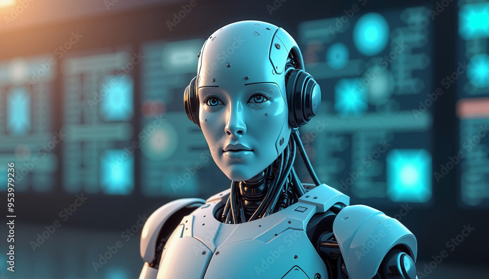 Futuristic robot with piercing gaze contemplating consciousness against high-tech backdrop Futuristic robot with piercing gaze contemplating consciousness against high-tech backdrop
