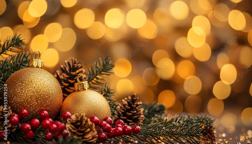 Festive Christmas Decorations with Sparkling Gold Ornaments Festive Christmas Decorations with Sparkling Gold Ornaments