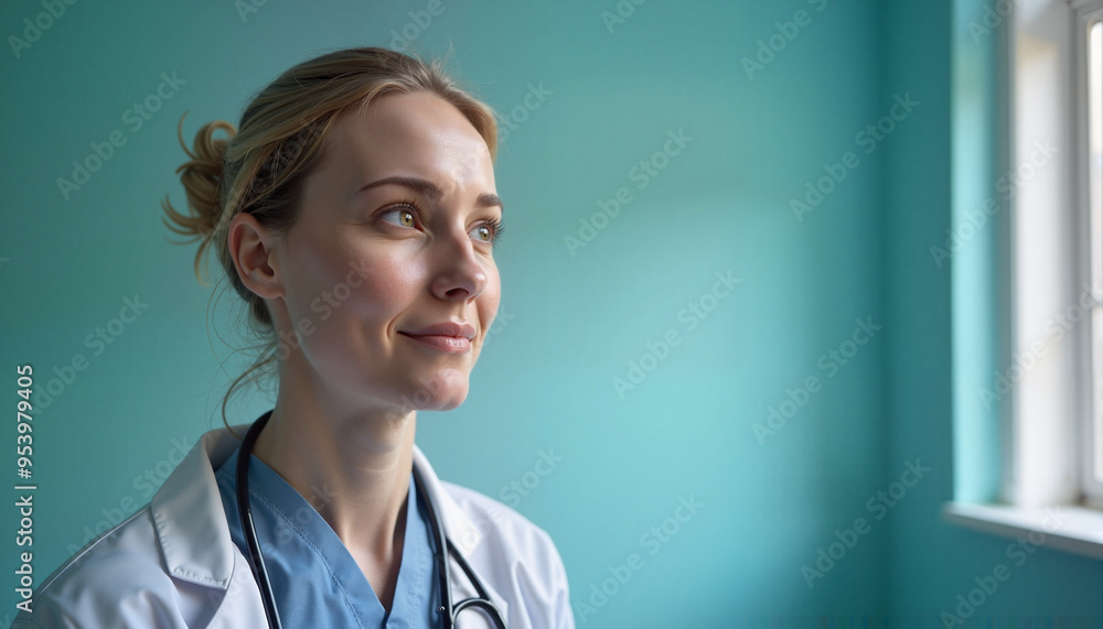 Female doctor with thoughtful expression looking out window against teal background Female doctor with thoughtful expression looking out window against teal background