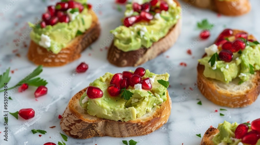 Avocado Toast with Pomegranate Seeds and Feta Cheese. Whipped Feta Avocado Crostini with Pomegranate Avocado Toast with Pomegranate Seeds and Feta Cheese. Whipped Feta Avocado Crostini with Pomegranate