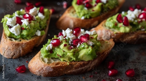 Avocado Toast with Pomegranate Seeds and Feta Cheese. Whipped Feta Avocado Crostini with Pomegranate