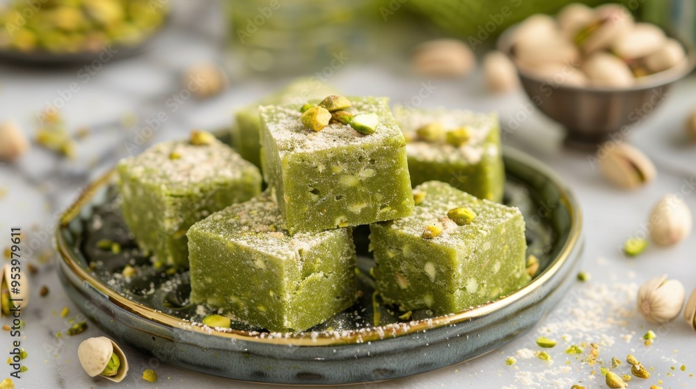 Traditional Indian Pista Barfi Sweet Treat on Green Banana Leaf Traditional Indian Pista Barfi Sweet Treat on Green Banana Leaf