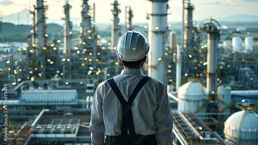 Viewed from the rear, a man in a construction helmet stands at the epicenter of a sprawling industrial complex Viewed from the rear, a man in a construction helmet stands at the epicenter of a sprawling industrial complex