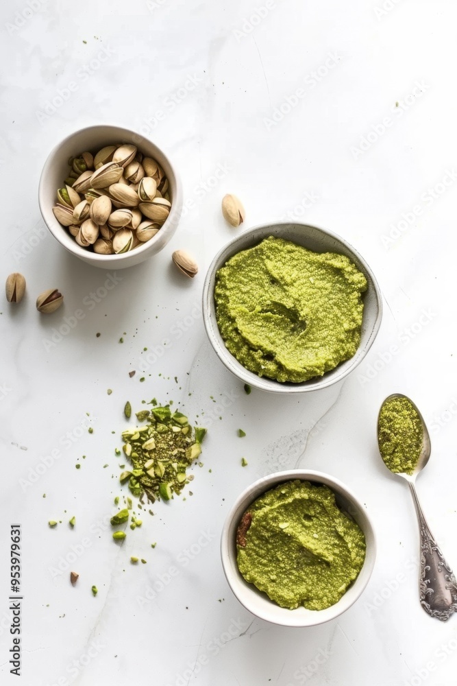 Vibrant Green Pistachio Pesto in Bowls on White Surface Vibrant Green Pistachio Pesto in Bowls on White Surface