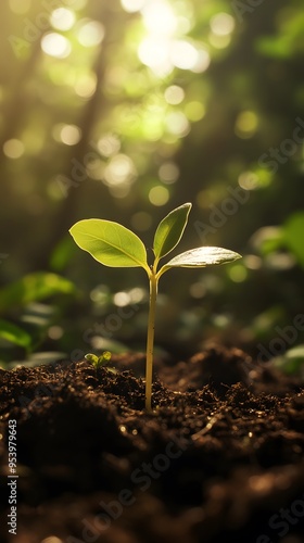 A small green shoot of a tree growing in the forest, symbolizing new life and growth