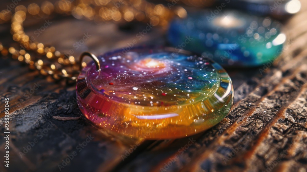 Colorful Glass Marbles with Cosmic Patterns on Wooden Surface Colorful Glass Marbles with Cosmic Patterns on Wooden Surface