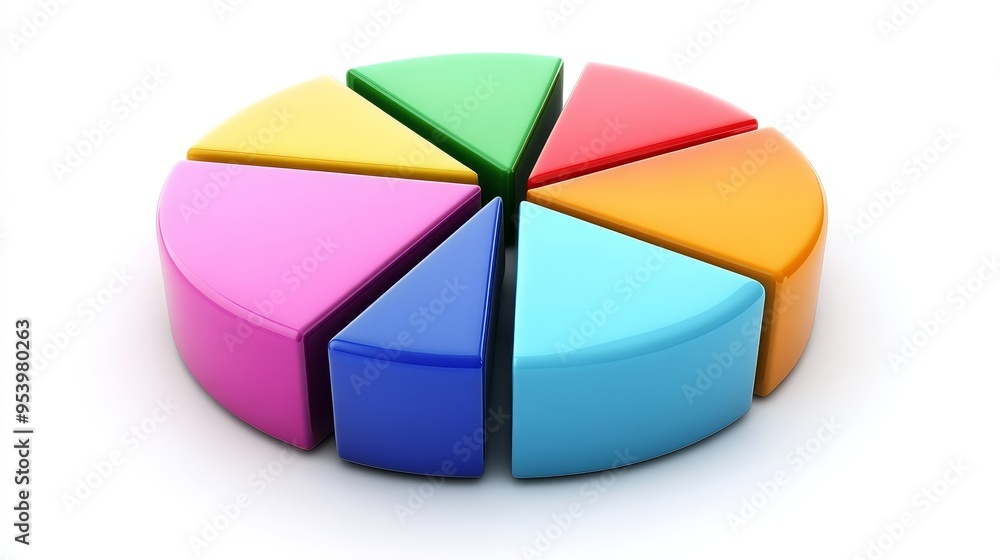 Obraz premium A 3D illustration of a colorful pie chart with seven sections representing different areas of a budget or business. It symbolizes allocation, distribution, financial planning, data visualization, and 