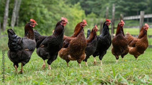 Free Range Chickens Grazing in a Lush Green Meadow