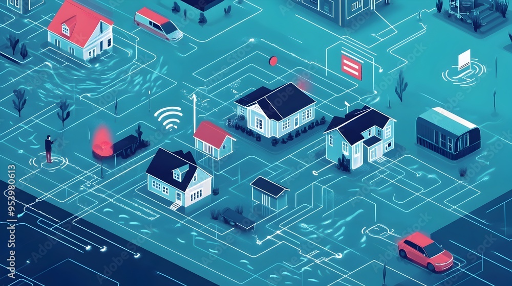 Innovative graphic depicting IoT powered communication systems designed to provide public flood alert notifications leveraging integrated devices sensors Innovative graphic depicting IoT powered communication systems designed to provide public flood alert notifications leveraging integrated devices sensors