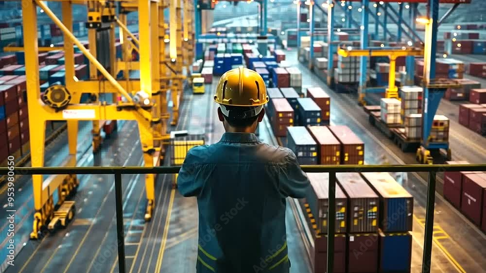 From the back, a man in a construction helmet stands at the command center of a bustling logistics hub From the back, a man in a construction helmet stands at the command center of a bustling logistics hub