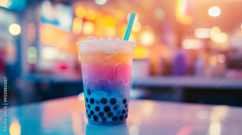 Colorful Bubble Tea Delight in Urban Evening Setting Colorful Bubble Tea Delight in Urban Evening Setting