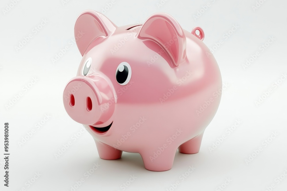 Obraz premium A charming 3D cartoon piggy bank with a pink body and smiling face. The piggy bank sits on a white background, representing a concept of saving money, financial growth, childhood, cuteness, and financ