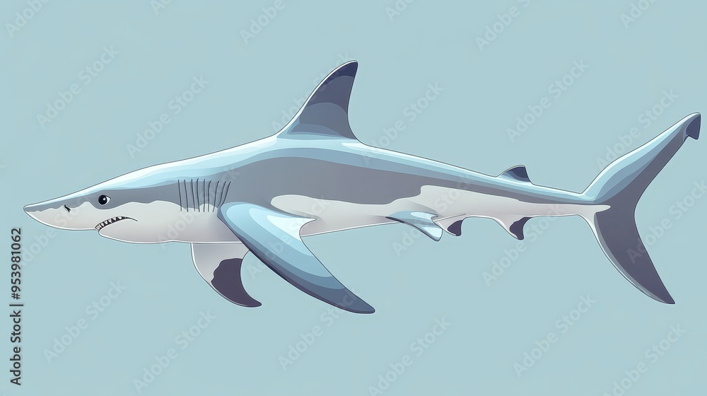 Naklejka premium A charming and playful illustration of a hammerhead shark with a flat, cartoon style. The shark is depicted swimming with a friendly expression, conveying a sense of curiosity and wonder. It represent
