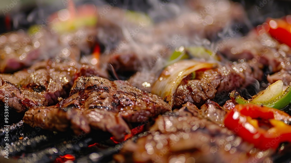 Sizzling Grilled Steak and Vegetables on Barbecue Sizzling Grilled Steak and Vegetables on Barbecue