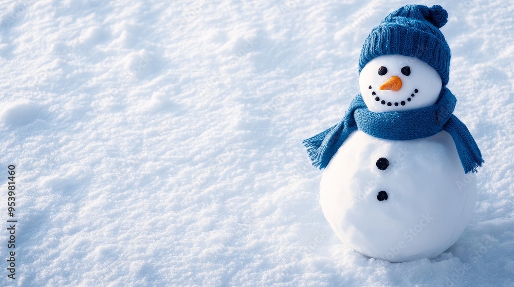 A cheerful snowman stands in a snowy landscape, wearing a blue hat and scarf. The snowman has a bright smile and two black eyes, symbolizing joy and winter fun. The blue accessories add a touch of vib A cheerful snowman stands in a snowy landscape, wearing a blue hat and scarf. The snowman has a bright smile and two black eyes, symbolizing joy and winter fun. The blue accessories add a touch of vib