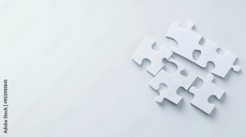 A close-up shot of four white puzzle pieces on a white background, representing the concepts of connection, teamwork, problem-solving, completion, and unity. A close-up shot of four white puzzle pieces on a white background, representing the concepts of connection, teamwork, problem-solving, completion, and unity.
