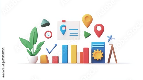 A colorful 3D illustration depicting financial milestones, featuring  a growing chart, a checkmark, a location pin, a clock, a plane, a plant, and a gear.