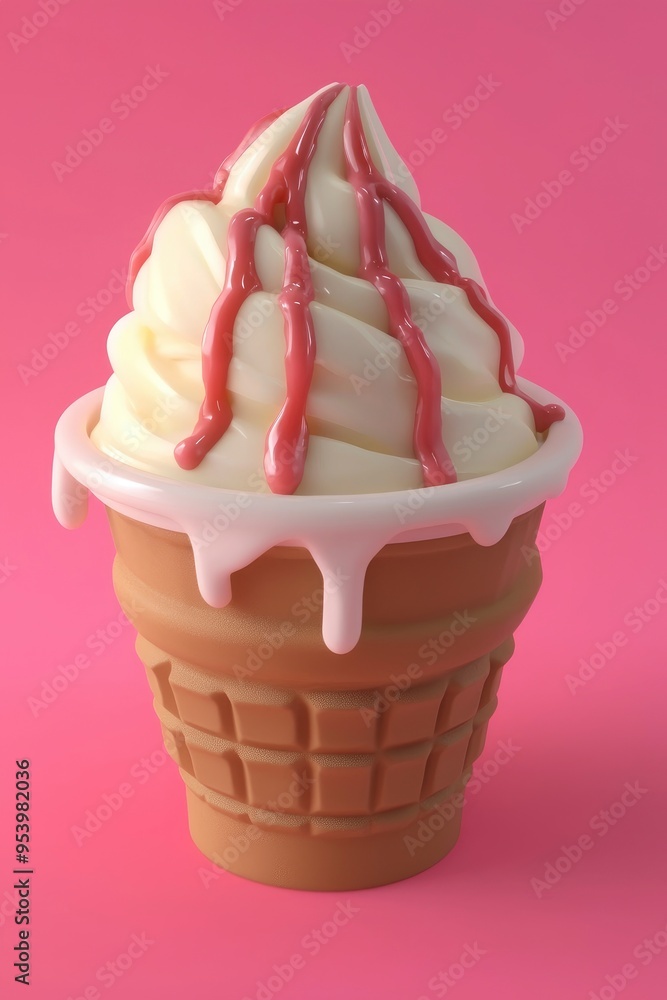 Ice Cream Cone with Strawberry Drizzle Ice Cream Cone with Strawberry Drizzle