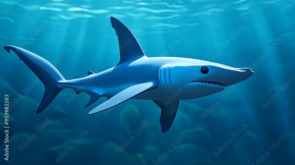 Naklejka premium A cute and friendly cartoon hammerhead shark swims through crystal clear blue water, its wide eyes and toothy grin creating a playful and fun image. This 3D illustration represents the wonder of the o
