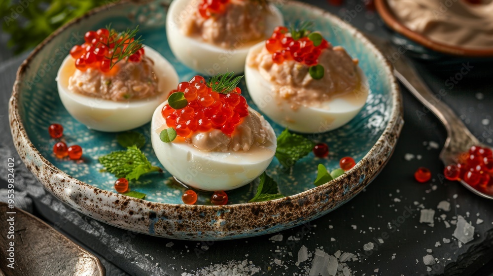 Gourmet Deviled Eggs Topped with Red Caviar and Fresh Chives Gourmet Deviled Eggs Topped with Red Caviar and Fresh Chives
