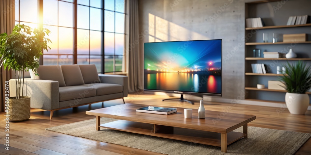 A sleek, modern television set displays a blurred program with a subtle outline effect, sitting atop a minimalist A sleek, modern television set displays a blurred program with a subtle outline effect, sitting atop a minimalist