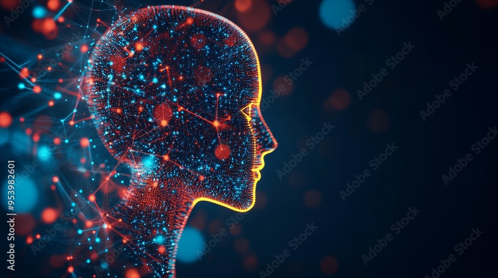 A futuristic and abstract 3D of a digital human head silhouette, composed of glowing particles and lines. The image symbolizes technology, intelligence, and the connection between the physical and di A futuristic and abstract 3D of a digital human head silhouette, composed of glowing particles and lines. The image symbolizes technology, intelligence, and the connection between the physical and di